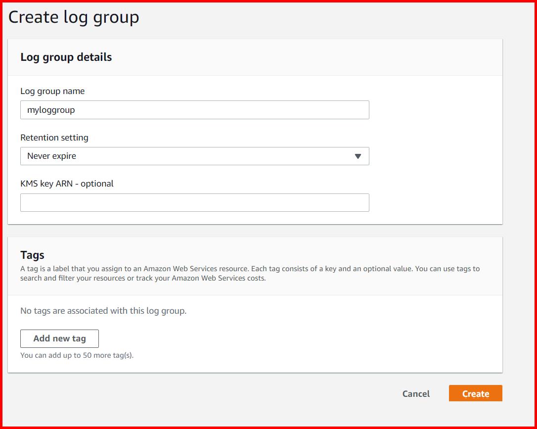 Picture showing the Create log group screen for creating the log group